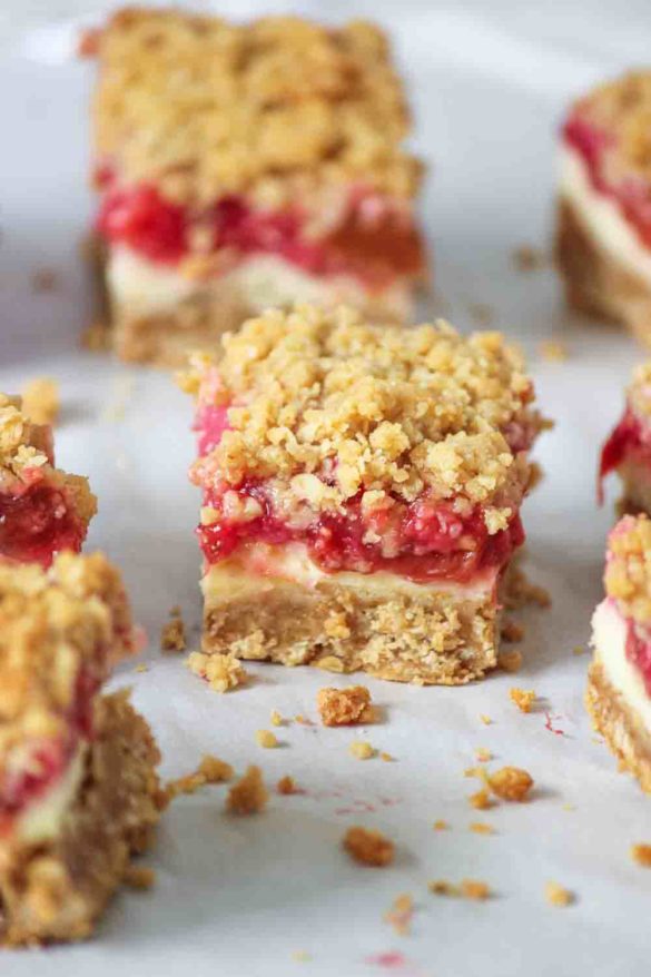 Strawberry Rhubarb Streusel Cheesecake Bars And They Cooked Happily Ever After